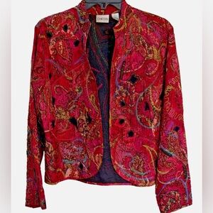 Chico’s Silk Beaded Jacket Pink Paisley Embellished Open Front Size 1 S M 8 10